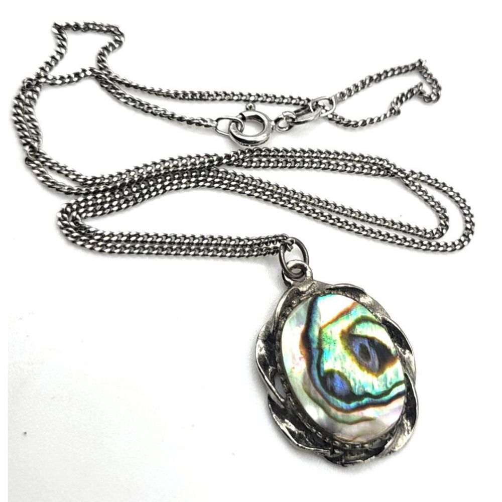 Estate Sterling Silver Chain Abalone Pendant Necklace 18in